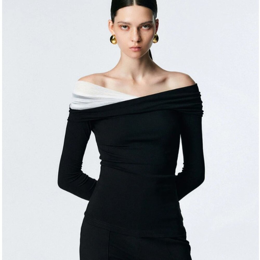 Commense Black Off Shoulder Mesh Top NWT